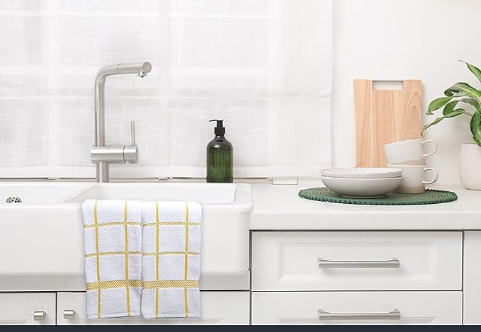100% Cotton Terry Dish Towels, 4 Pack Checks, 16 x26 Inches, Super Soft and