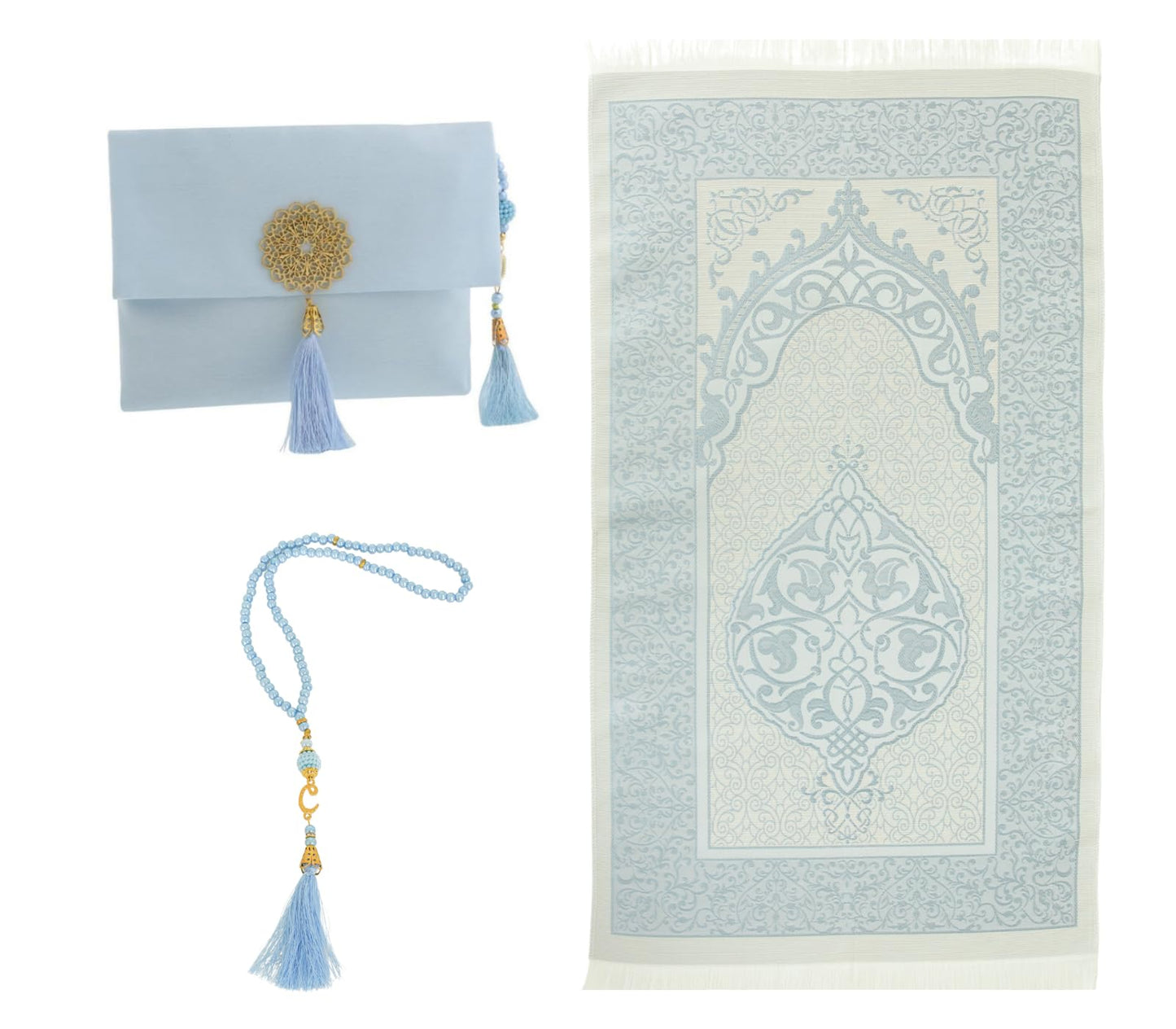 Prien Muslim Prayer Rug with Tasbih and Portable Bag, Muslim Gift for Women Men, Mubarak Islamic Box, Soft Mat Islam Gifts Set, Turkish Sajadah for Ramadan, Eid, Hajj, Travel, Pray (Blue)