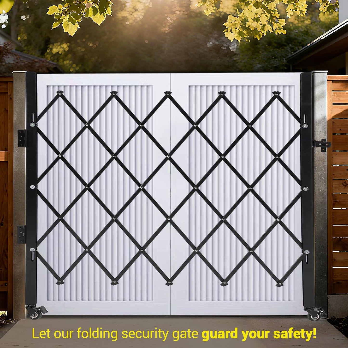Single Folding Security Gate – 63.4" H × 70" W, Heavy-Duty Steel Scissor Gate with 360° Casters, Lockable Retractable Barricade for Courtyards, Garages, Pools & Gardens