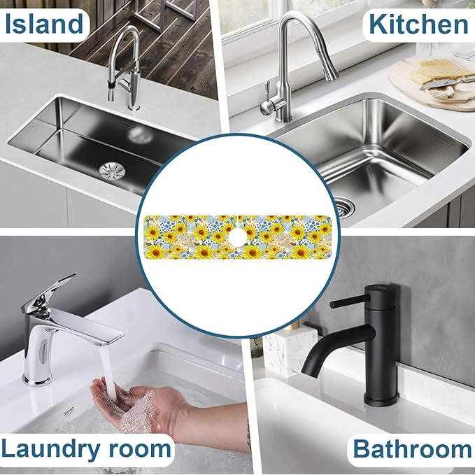Watercolor Sunflowers Sink Splash Guard Faucet Mat Sunflowers Polka Dots Super