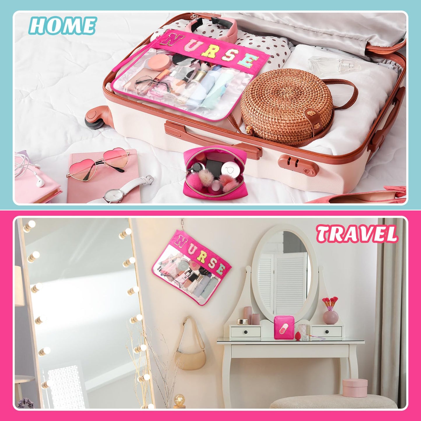 Hillban 2 Pcs Nurse Week Gift Makeup Cosmetic Bag Nurse Appreciation Gift for Women Clear Chenille Letter Bag Toiletry Zipper Pouch Waterproof Travel Purse Survival Kit Medical Accessories