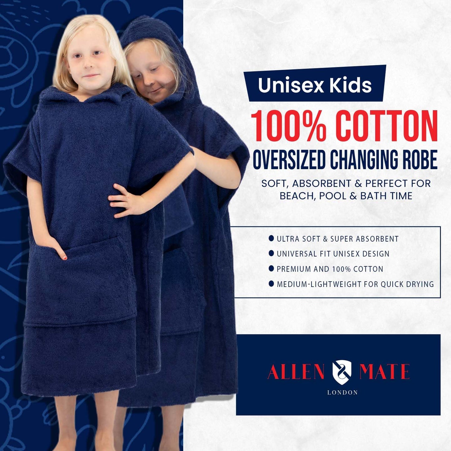 ALLEN & MATE 100% COTTON Kids Hooded Towel Poncho - 380 GSM, Safety Certified | Oversized Changing Robe for Boys & Girls