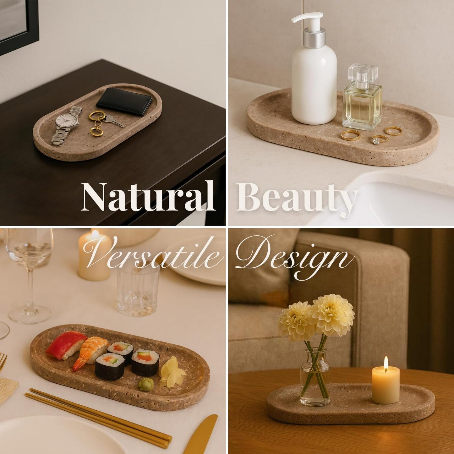 Handcrafted Travertine Tray – Bathroom Counter Organizer, Jewelry Tray, Perfume Organizer & Decorative Tray for Vanity Accessories, Coffee Table Decor & Bathroom Countertop (Oval, Noce)