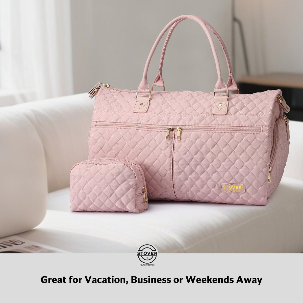 STOVER Women’s Convertible Garment Duffel Bag for Travel – 2-in-1 Carry-On Weekender/Overnight Tote - Wrinkle-Free Dresses, Suits & Clothes + Shoe Compartment & Bonus Toiletry Bag (Blush Pink)