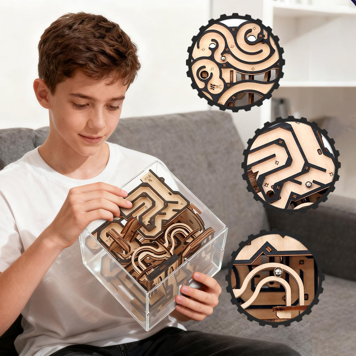 NOELKING 3D Wooden Puzzle Marble Maze, Brain Teaser Puzzle Maze Ball Game for Kids & Adults, Challenging Wood Labyrinth 3D Puzzle Toy, Wood Craft Kit for Home Office Decor, Gift for Kids Teen Adults