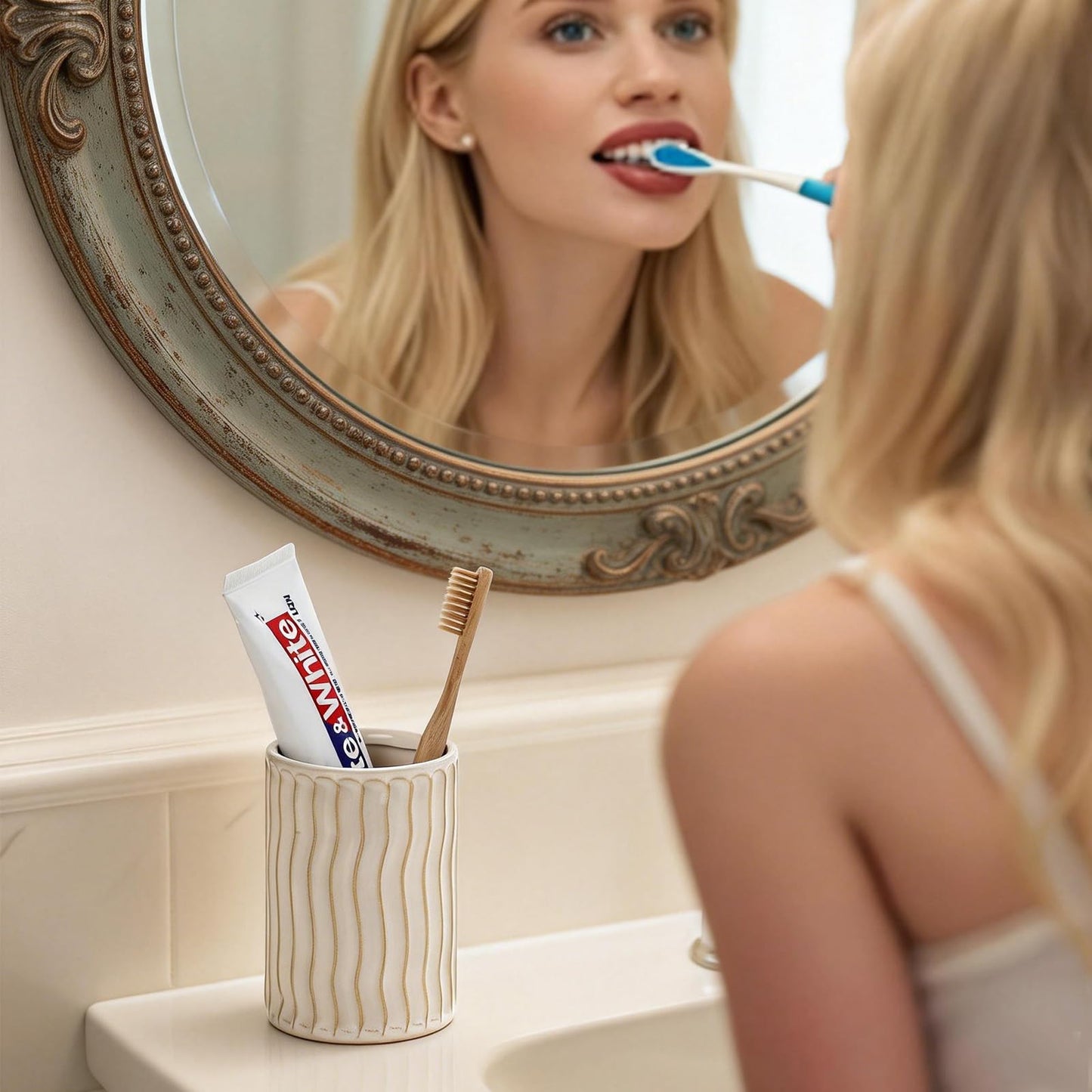 Ceramic Toothbrush Holder for Bathroom, White Tooth Brushing Holders, Bathroom Counter Organizer, Toothbrush Mouthwash Cup for Family