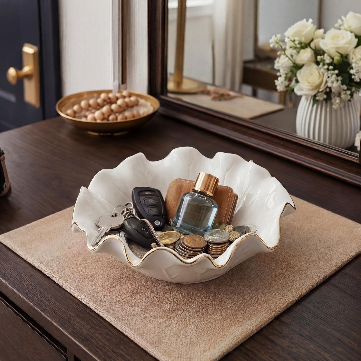 Ferrochef 2 Pack White Lotus Ceramic Decorative Bowls 7.48 x 2.56 Inch Ruffle Lotus Leaf Scalloped Bowl with Gold Trim for Coffee Table Counter Keys Coins Catchall