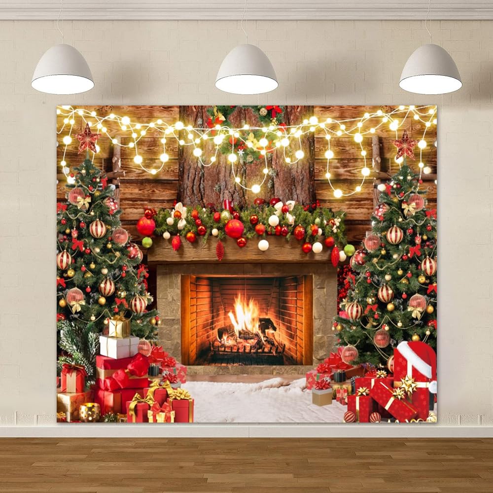 Christmas Fireplace Photography Backdrops 10x8ft Vinyl Winter Photoshoot Backdrop Xmas Tree Lights Wooden Board Wall Gift Box Background Xmas New Year Party Background Banner Supplies Props