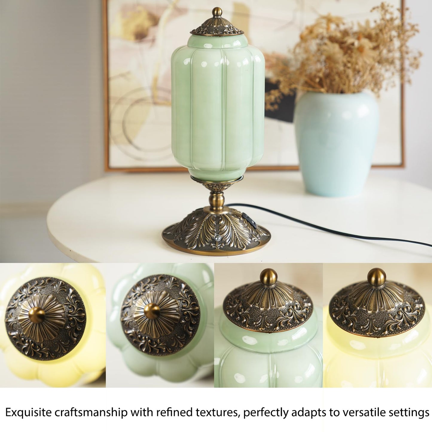 Milk Glass Touch Table Lamp, Elegant Green Jadeite Glass Bedside Desk Lamp 3 Way Dimmable with USB C+A Charging Ports - Bedroom Nightstand & Living Room Essential, 4W Bulb Included (Green, 6.5)