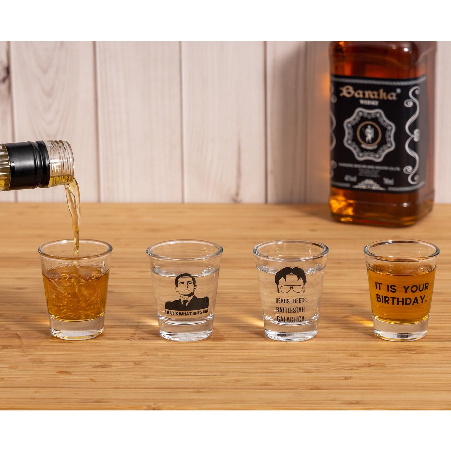 PuGez The Office Shot Glass Gift Set of 4, TV Show Merchandise, Keepsake for Fans Lovers, Birthday Presents for Men/Women,1.5 oz