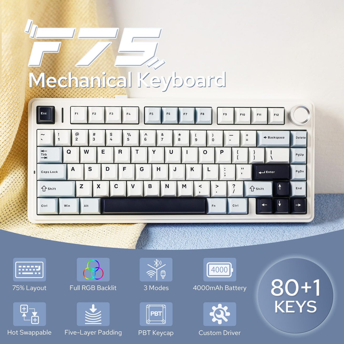 EPOMAKER AULA F75 Wireless Mechanical Gaming Keyboard, 75% Layout with Knob, Creamy Gasekt-Mount with Sound-Dampening, RGB, Hot-Swap, Bluetooth/2.4Ghz (Light Blue, Ice Vein Switch)