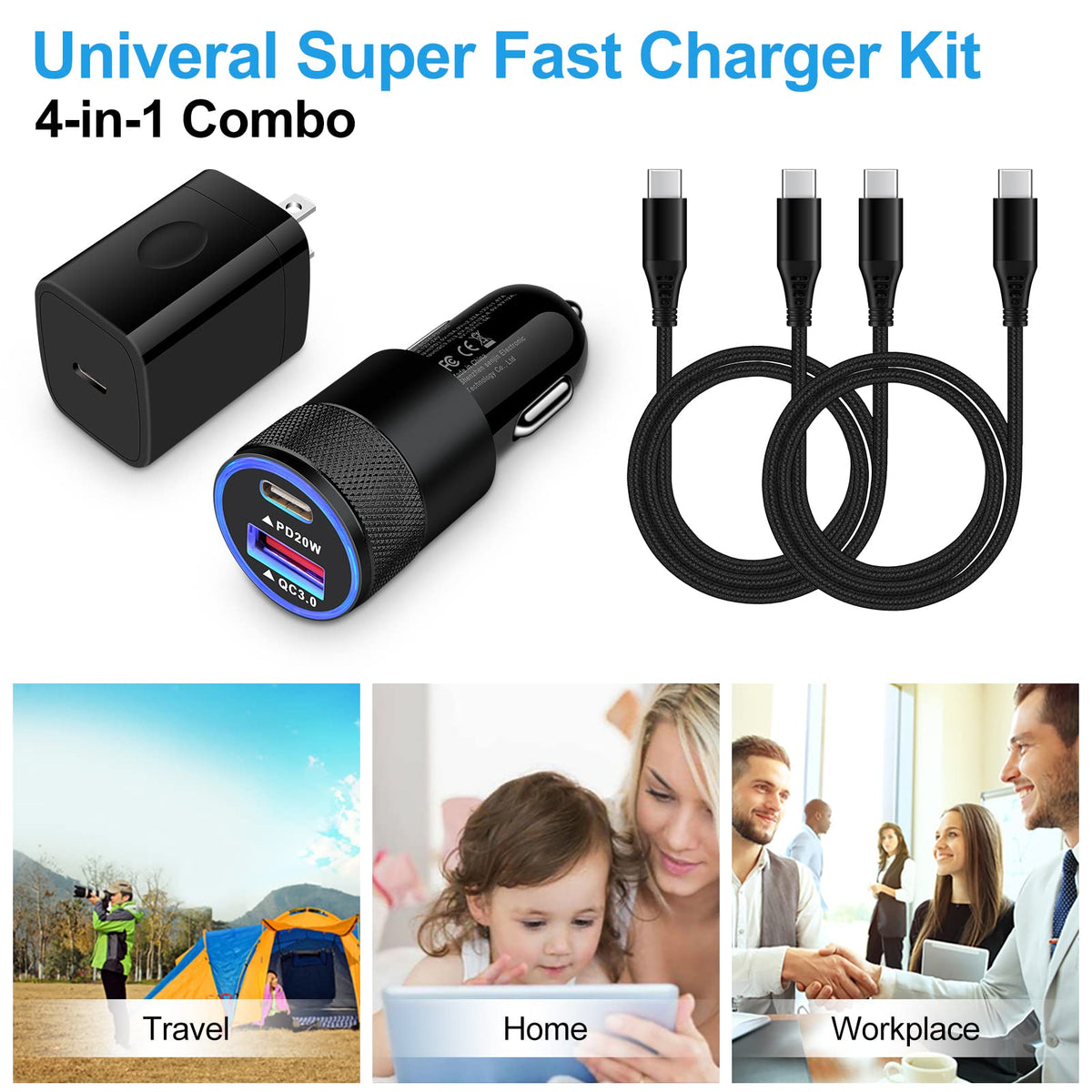 Type C Charger Fast Charging Block for Samsung Galaxy S25, A15 5G,A16,A55,A35,A14,A13,A25,S24 S23 FE,A03s,A53,Z Fold6,20W PD 3.0 USB C Wall Charger 38W Car Adapter+2 PCS Android 6ft USB C-to-C Cable
