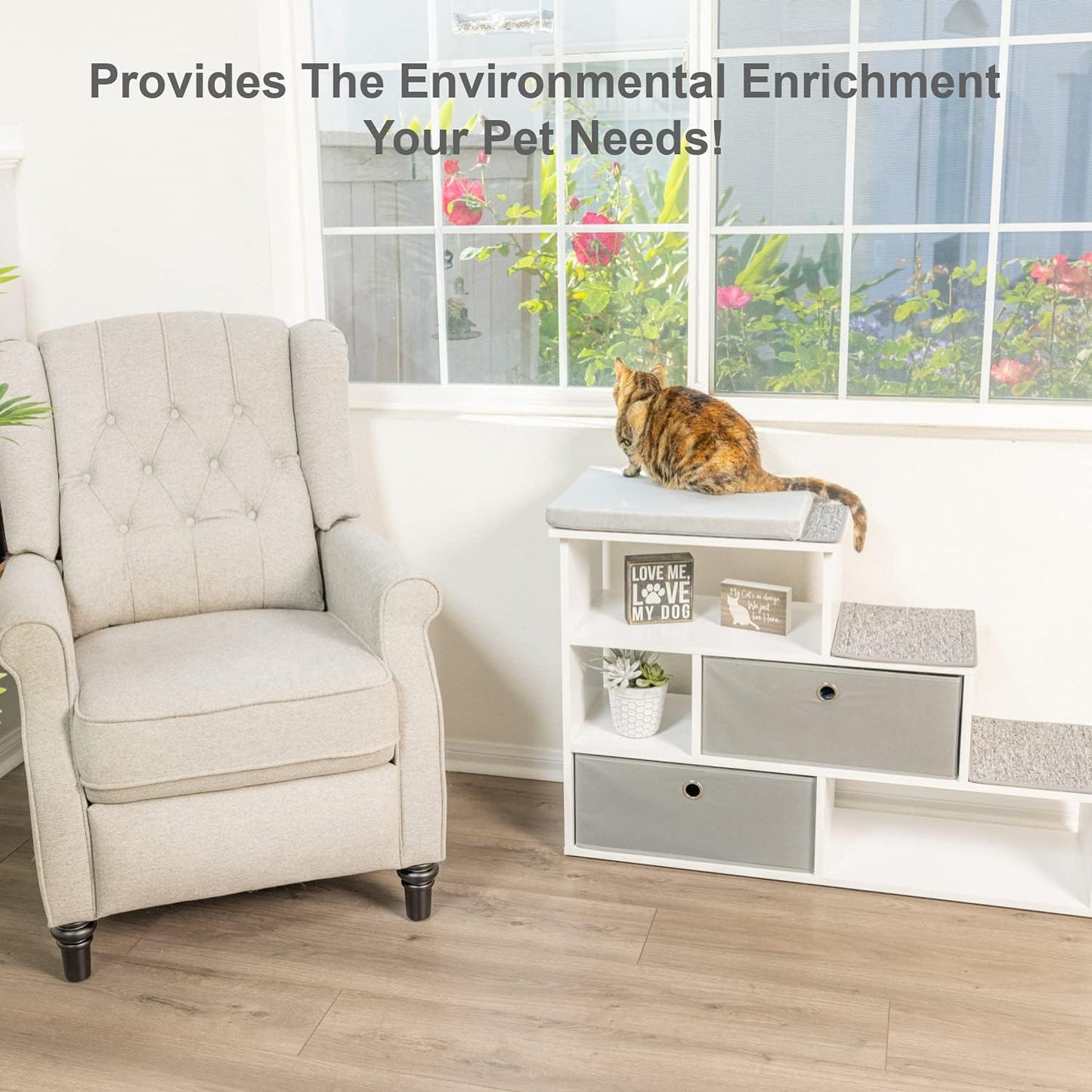 PetFusion Pet Step Window Perch White Bookshelf with Storage Baskets for Dogs and Cats - Modern Pet Furniture with Premium Foam Perch Pad