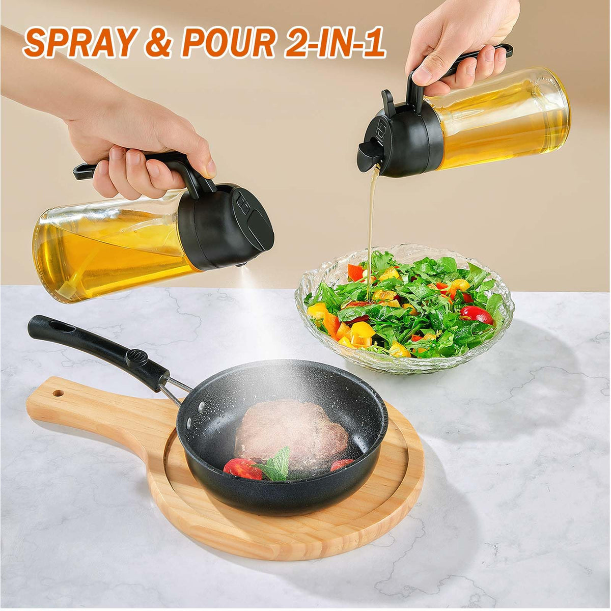 JULEHUI With Stickers 16oz Olive Oil Sprayer for Cooking - 2 in 1 Spray & Pour Olive Oil Dispenser - 470ml Glass Spray Oil Bottle - Kitchen Gadgets