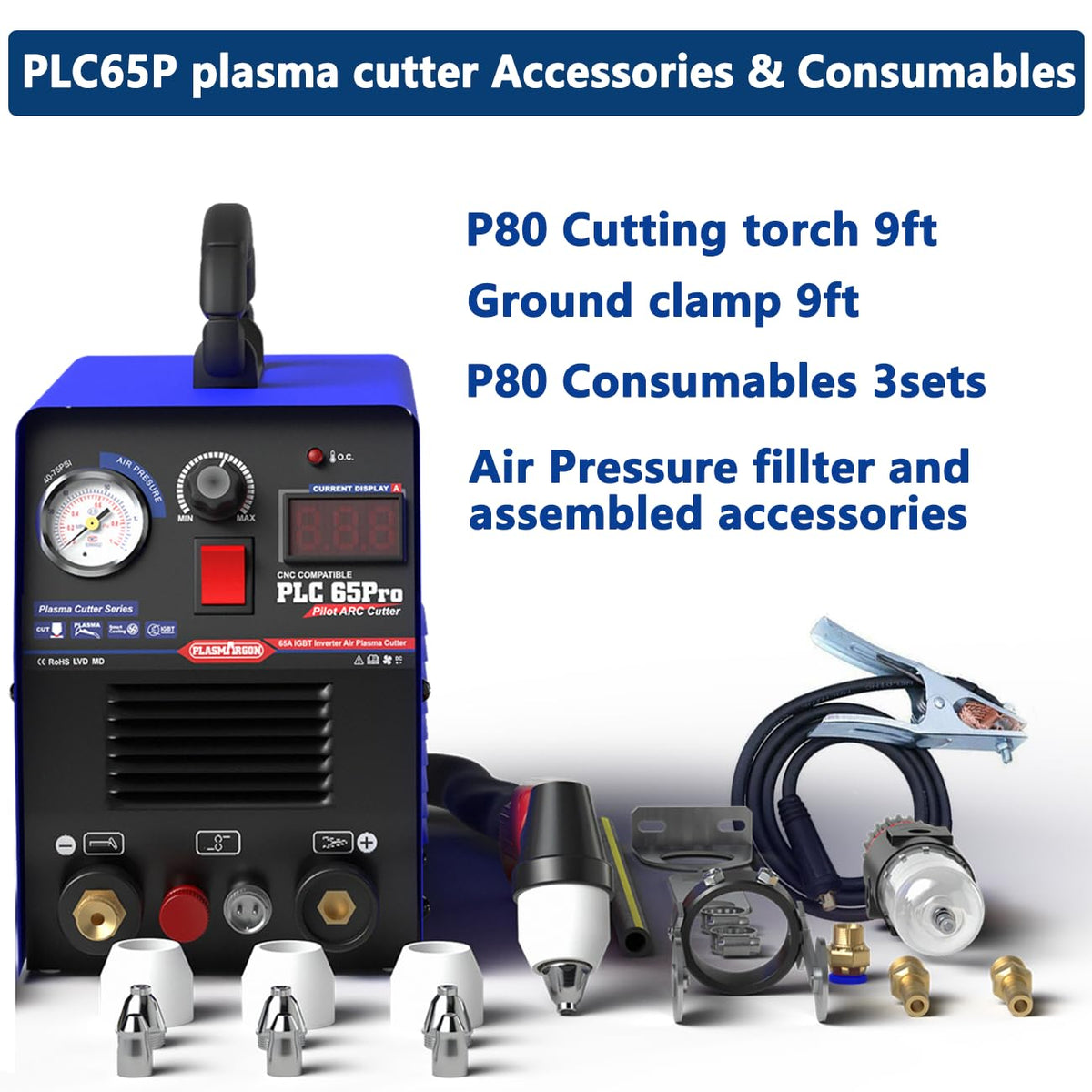 PLASMARGON PLC65Pro Plasma Cutter Machine,65Amps 110V/220V Non-Touch Pilot Arc HF Air Power, Inverter IGBT 3/5'' Inch Clean Cut LED Digital Display Plasma Cutting Equipment