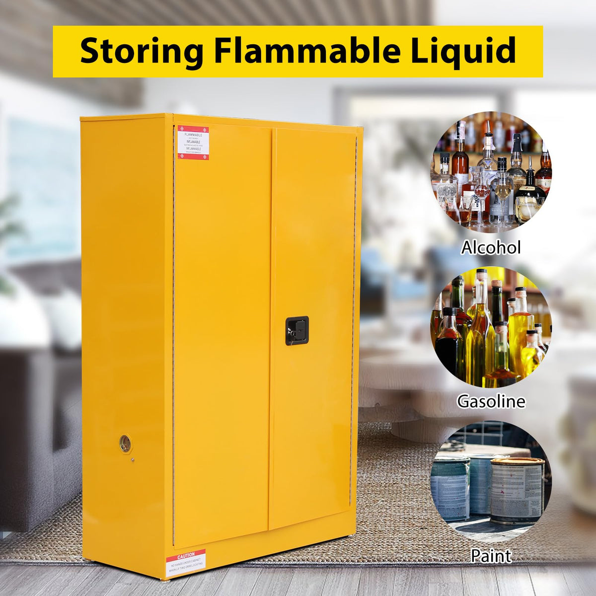 GarveeTech 45 Gallon Flammable Cabinet, 43" x 18" x 65" Galvanized Steel Safety Cabinet Fireproof Chemical Storage Cabinet with Double-Wall Steel, Lockable Manual-Close Doors for Lab Garage - Yellow
