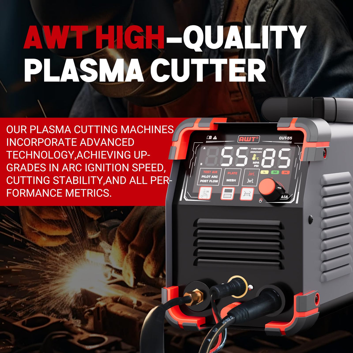 AWT Plasma Cutter,Large LED Display Cutter Machine 55Amps with Non-Touch Pilot Arc,110/220V Dual VoltagePlasma Cutting Machine,IGBT Inverter Air Sensor Technology&2T/4T,Max Cut 3/4"Plate/Mesh Cutting