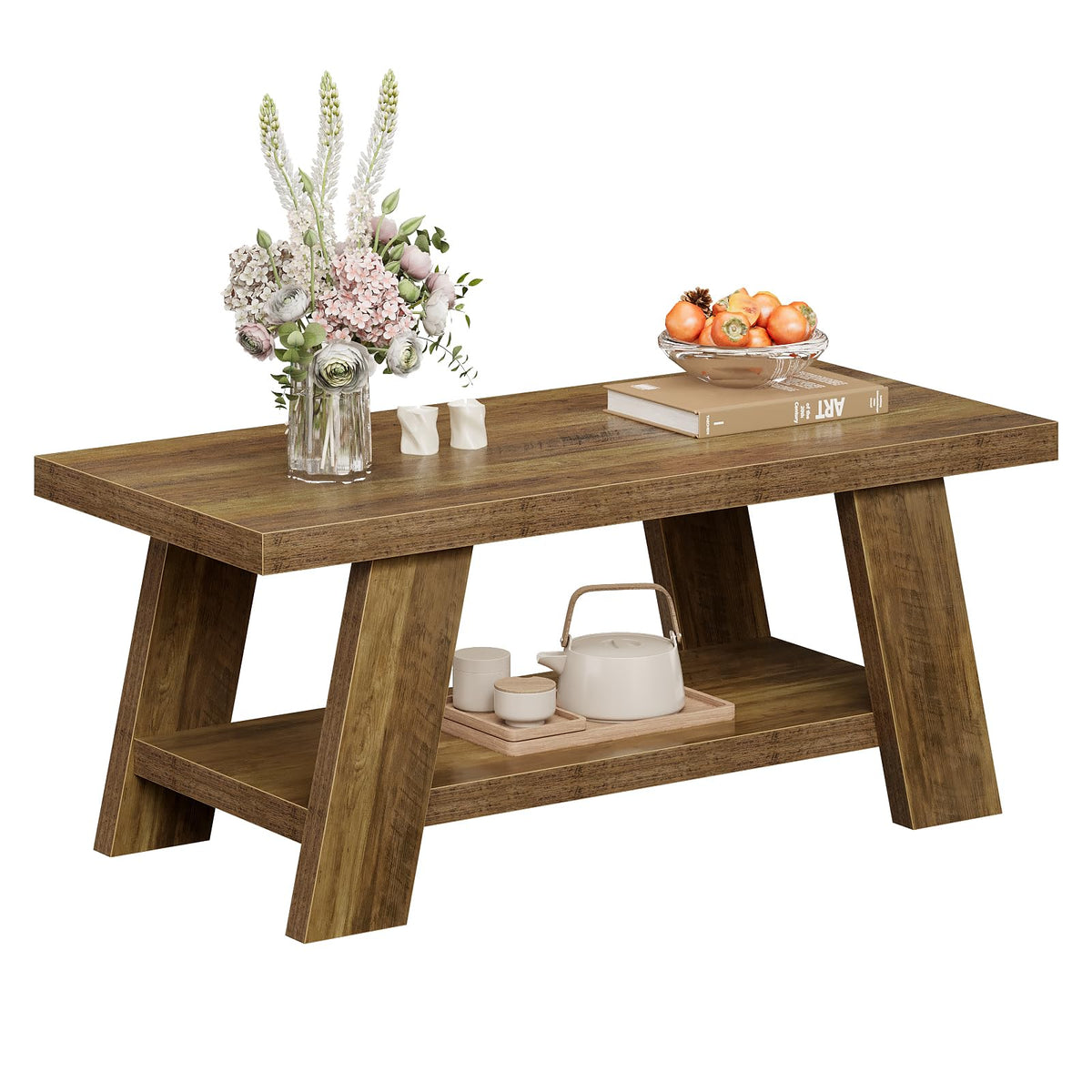 Tohomeor 47.24" Coffee Table for Living Room, Farmhouse Solid Wood Coffee Table with Storage, Rectangle Rustic Accent Center Table with for Home Apartment Office, Retro Brown