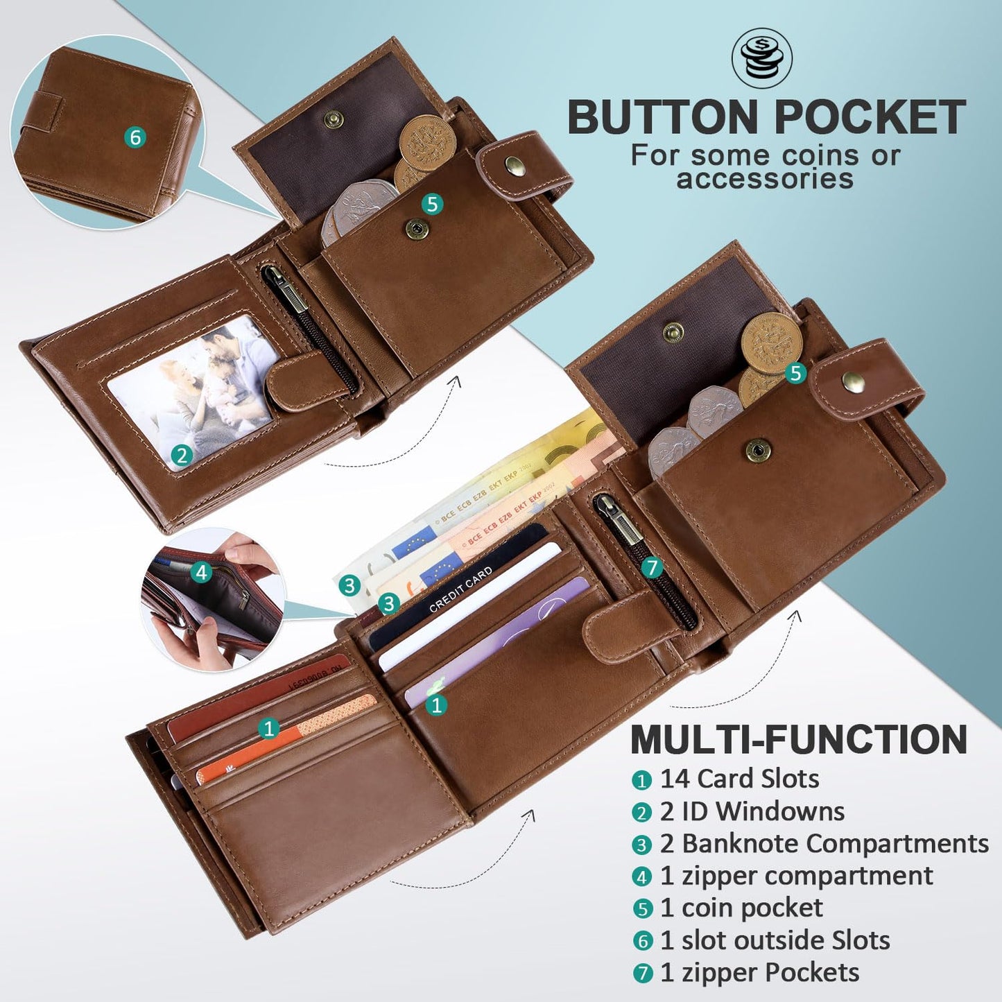GSG SINCE 1998 Men's Wallets Cowhide Leather Multi-Functional RFID Blocking Wallet with 17 Credit Card Slots, 2 Banknote Compartments, 2 ID Windows, 1 Coin Pocket Dark Brown