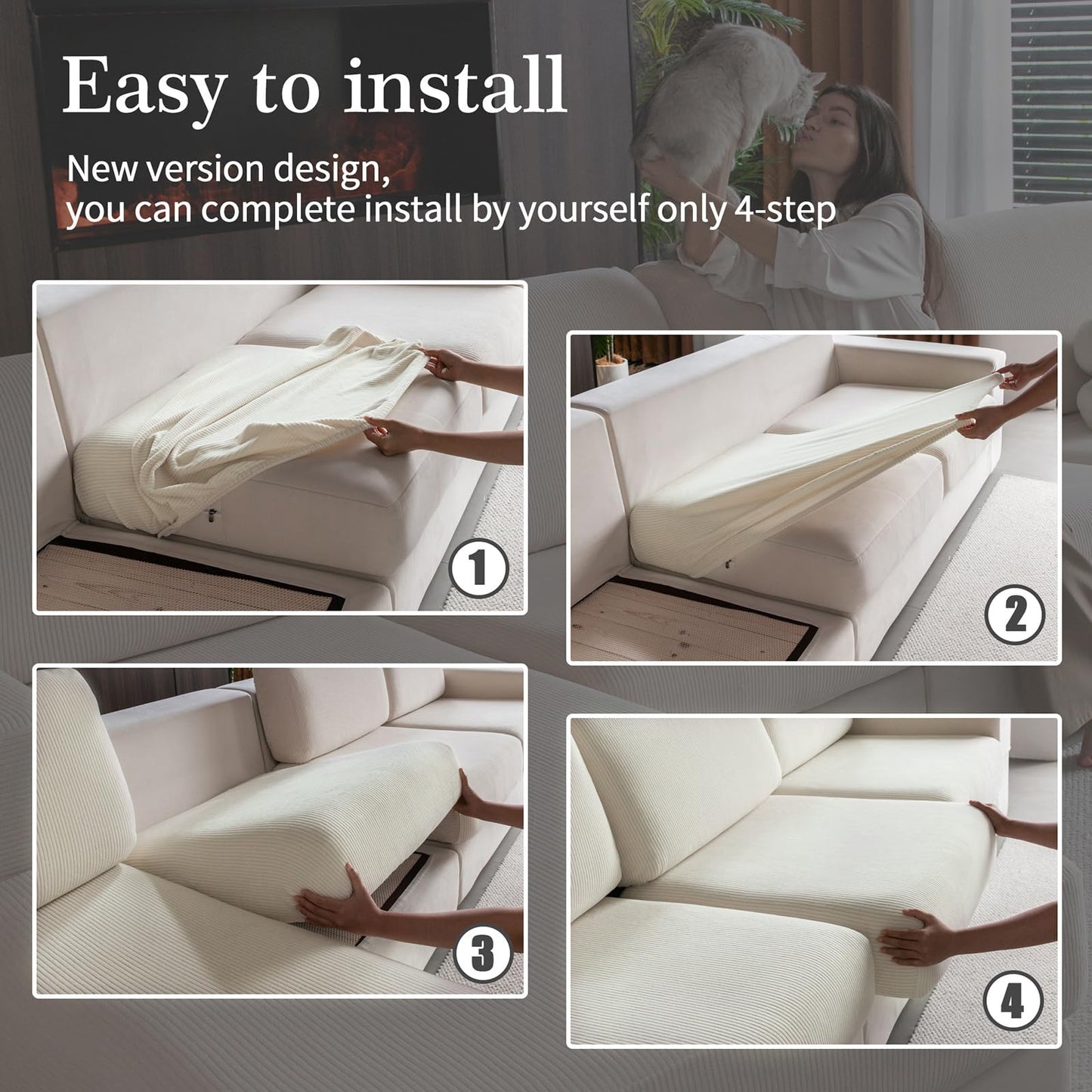 OHSIO Sectional Couch Covers, Wear Resistant Stretch Sofa Covers Washable Soft Couch Cushion Covers Anti Slip Furniture Protector Sofa Slipcovers for Pets(4 Pieces 3 Seaters+1 Chaise, Ivory)