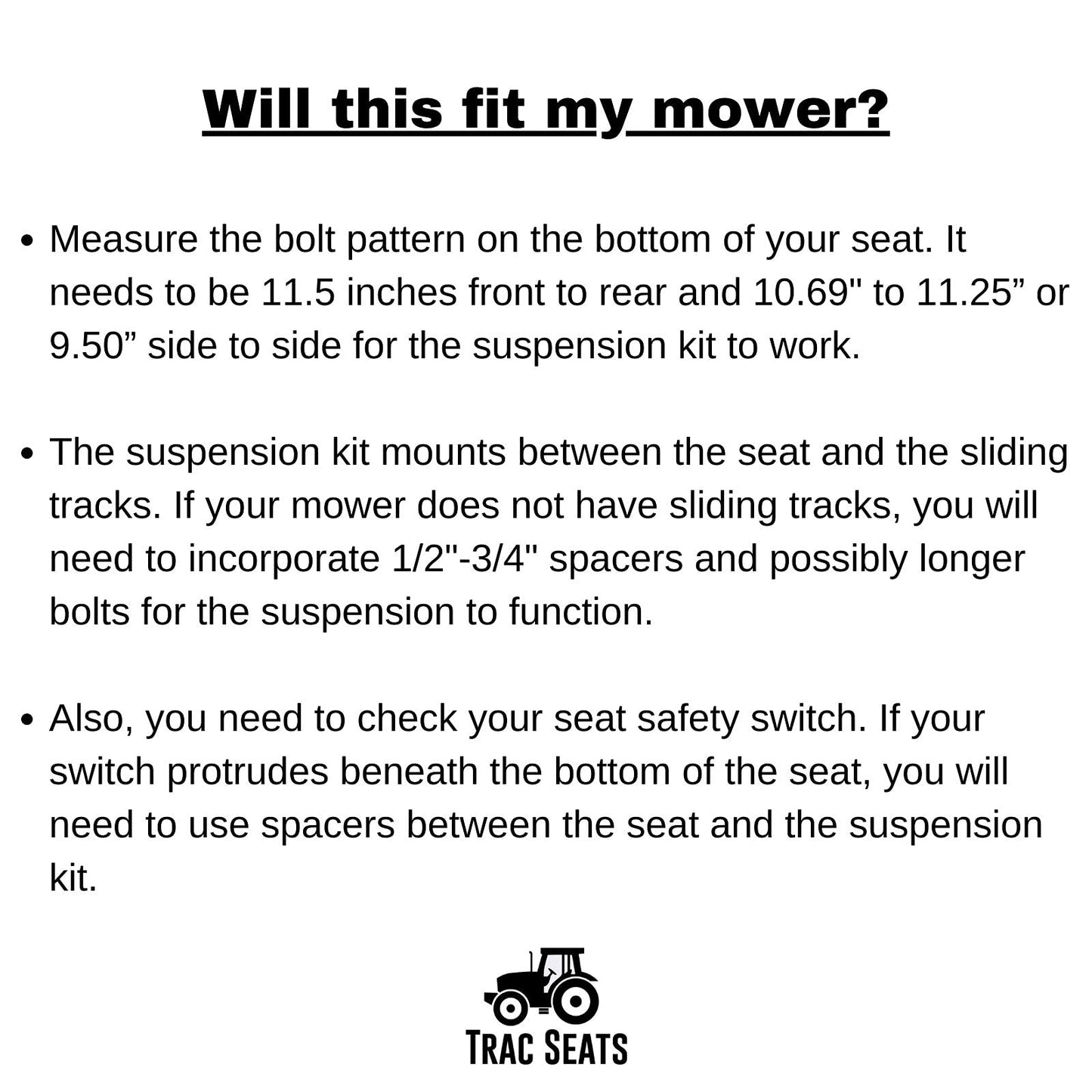 TRAC SEATS MADE IN THE USA Seat Suspension Kit for Husqvarna MZ Series Zero Turn Mowers MZ48, MZ52, MZ54, MZ61, MZT - SAME DAY SHIPPING - 1 Year Warranty