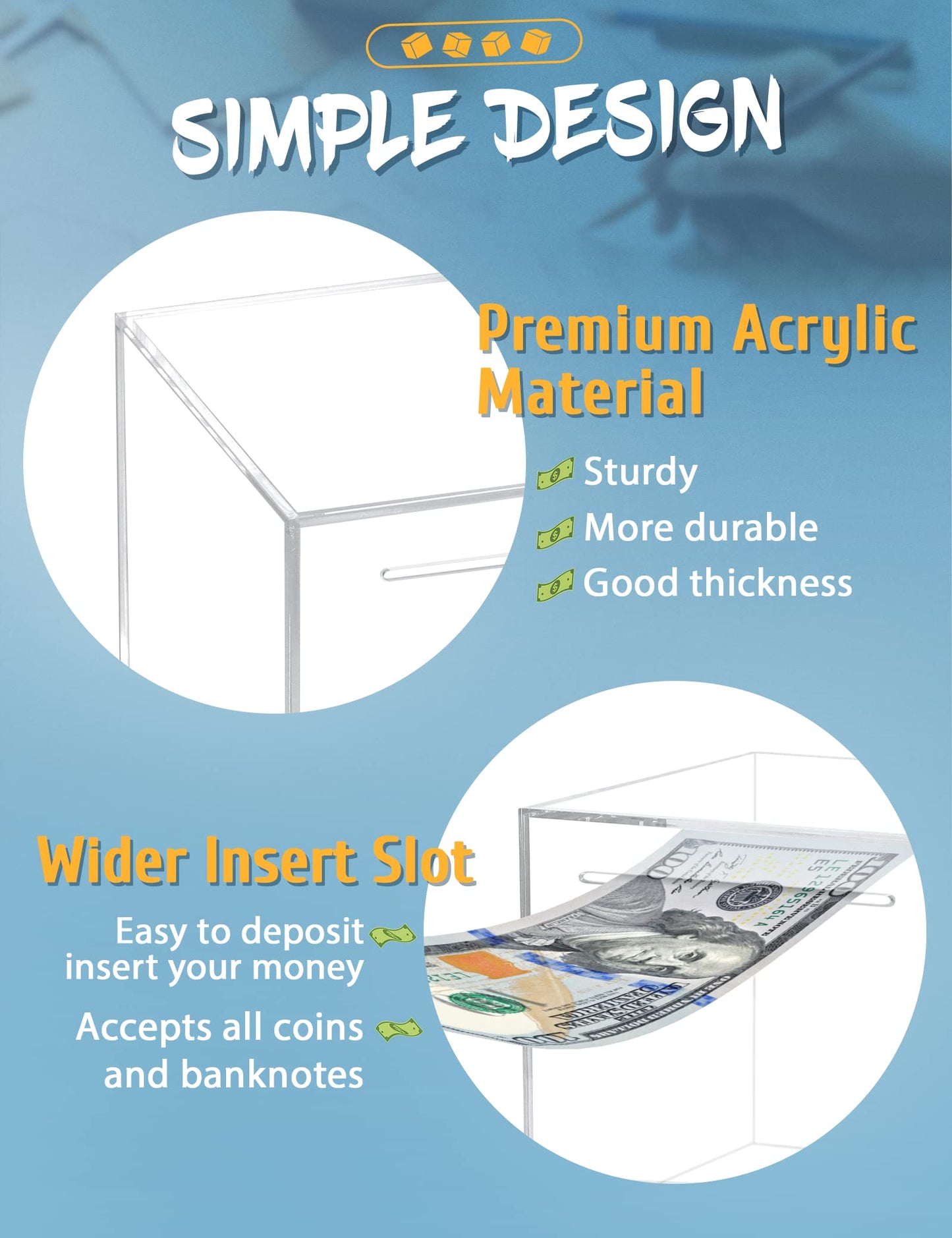 Kypeeka Clear Acrylic Piggy Bank for Adults Kids, Clear Money Saving Box Must Break to Open, Unopenable Piggy Bank for Cash Coins - 4.72"