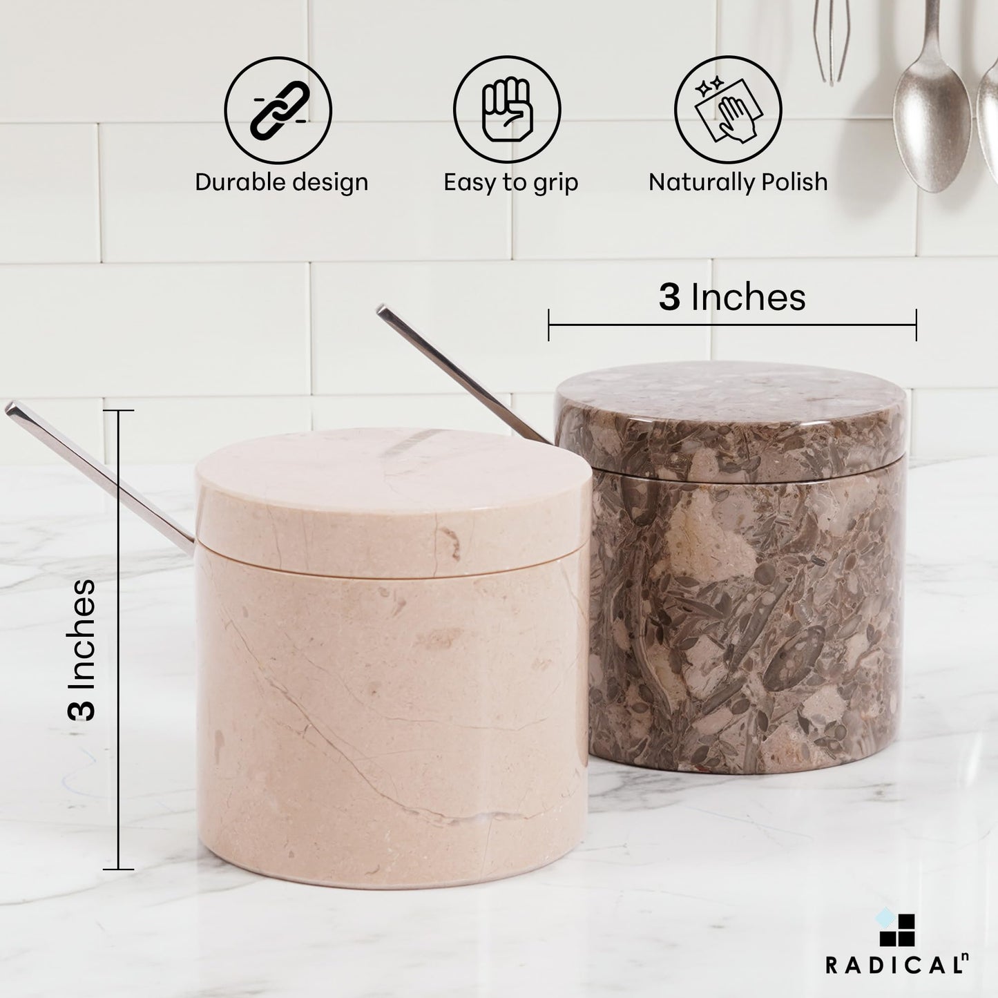 Radicaln Marble Salt Cellar with Lid and Tray 3" Inch Oceanic & Verona Handmade Set of 2 Seasoning Jars For Kitchen Storage, Ideal Table Sugar Bowl & Salt Dish For Countertop