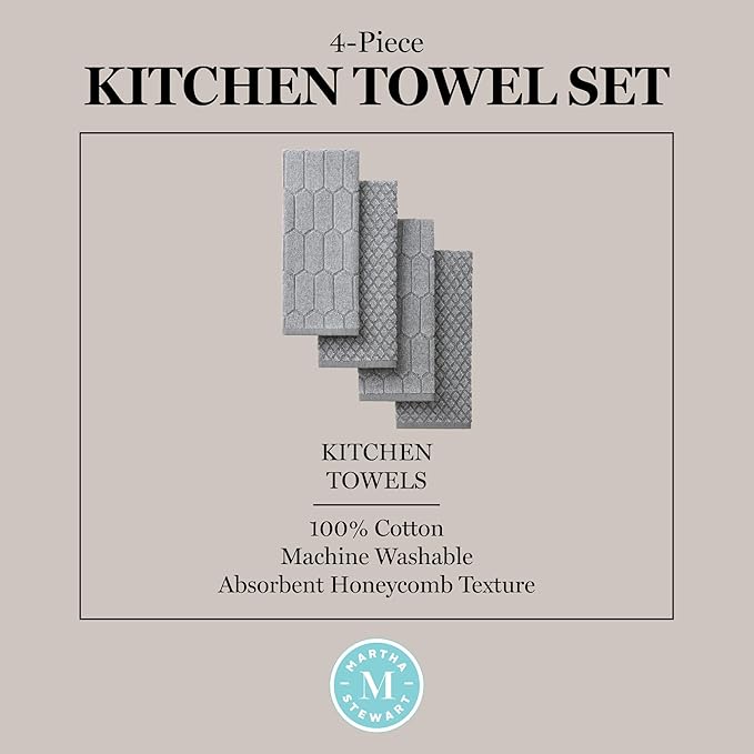 Martha Stewart Honeycomb Chambray Textured Kitchen Towel 4-Pack Set, 100% Cotton