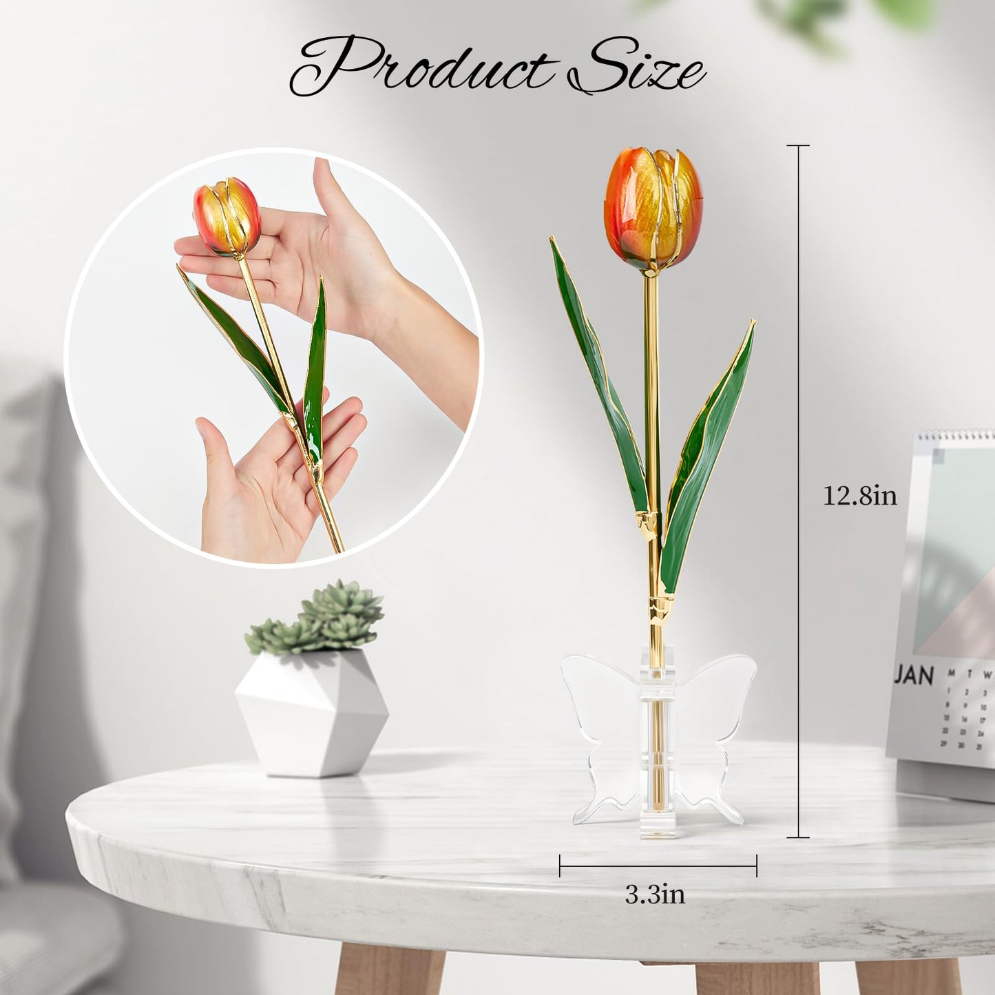 Mikasol 24K Gold Dipped Real Tulip β Amber Glow, Warm Forever Flower with Book-Style Gift Box & Butterfly Stand, Perfect for Her, Wife, Mom, Birthday, Anniversary