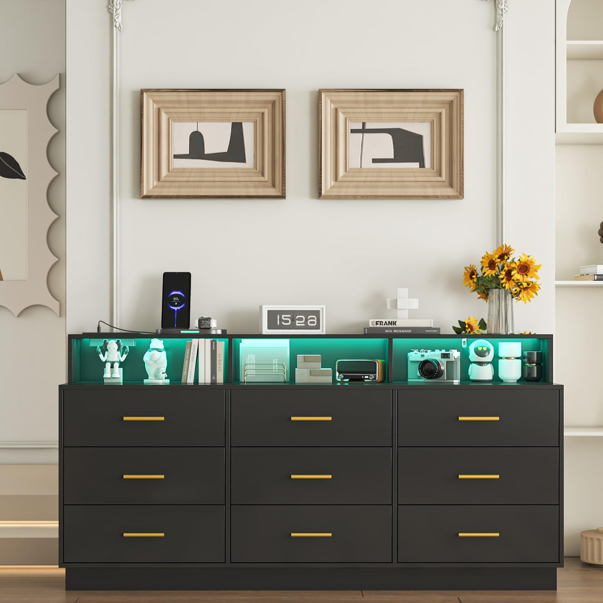 knoworld Black 9 Drawer Dressers for Bedroom, Modern Large Dresser with LED Light and Power Outlet, Wooden Long Dressers, Triple Dresser for Bedroom, Entryway, Hallway