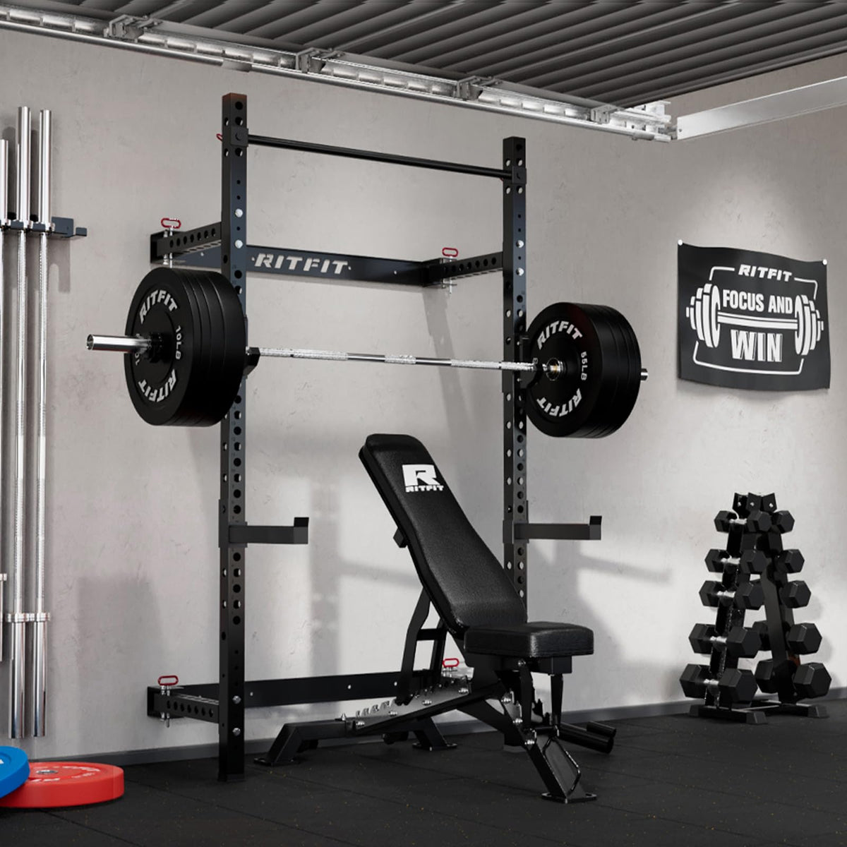 RitFit 2.36'' x 2.36'' Folding Squat Rack for Home Gym, Wall Mounted Squat Rack with Attachments - Space Saving Squat Power Rack, Black