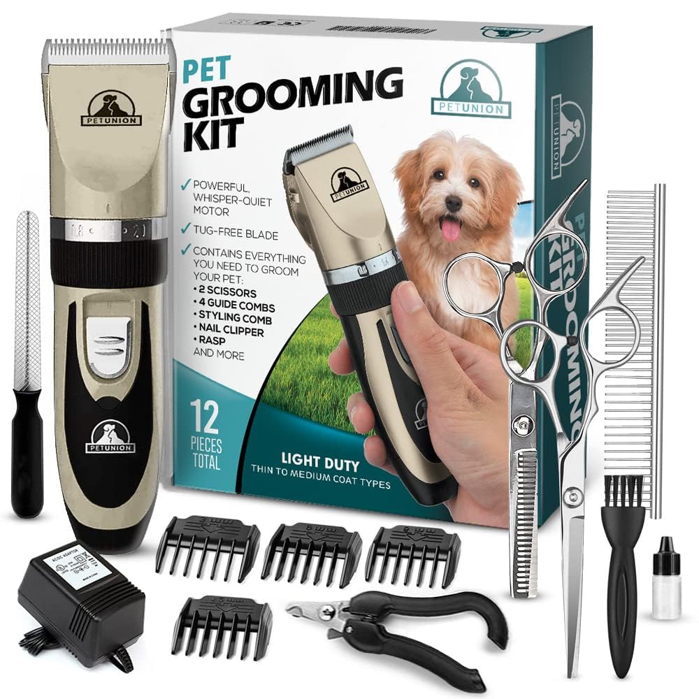 Pet Union Professional Dog Grooming Kit - Rechargeable, Cordless Pet Grooming Clippers & Complete Set of Dog Grooming Tools. Low Noise & Suitable for Dogs, Cats and Other Pets (Gold)
