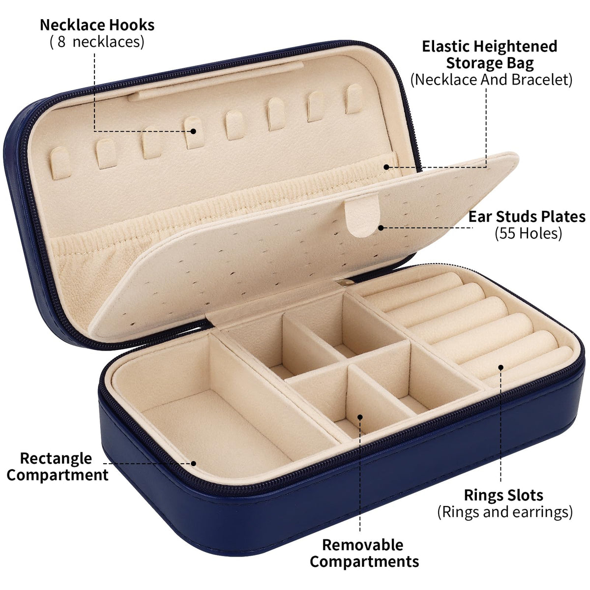 DesignSter Travel Jewelry Box, PU Leather Portable Jewelry Case, Small Jewelry Boxes for Gifts, Travel Jewelry Organizer for Women Rings Earrings Necklaces Bracelets (Dark Blue)