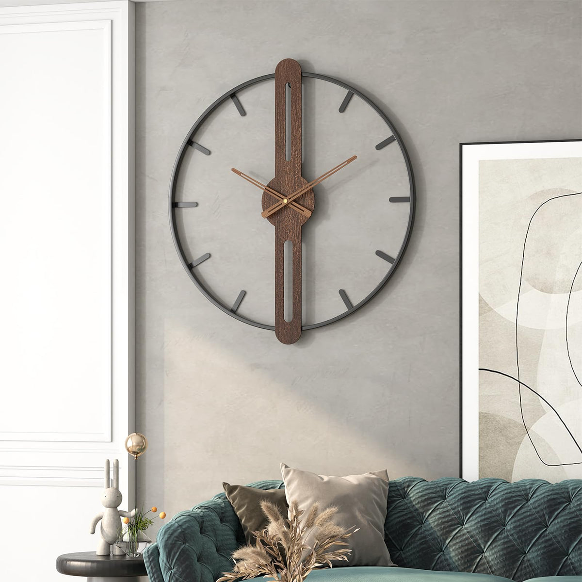 DAYDAYART Modern Walnut Dial Wall Clock, Wood Large Wall Clock Decor Metal Frame Silent Non Ticking for Living Room, Bedroom, Kitchen, Study Decoration, Handmade Home Present Idea, 20 in (50 cm)