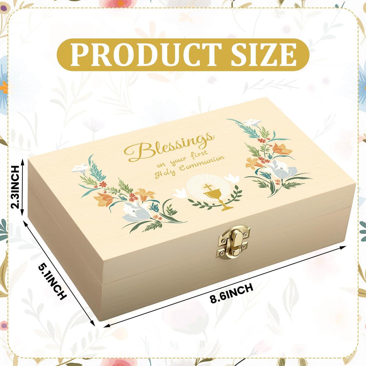 CroBlissful First Communion Wooden Box Keepsake Baptism Memory Box Gift 8.6 x 5.1 x 2.4 Inches First Holy Communion Jewelry Storage for Baptism Memory Keepsake(Floral)
