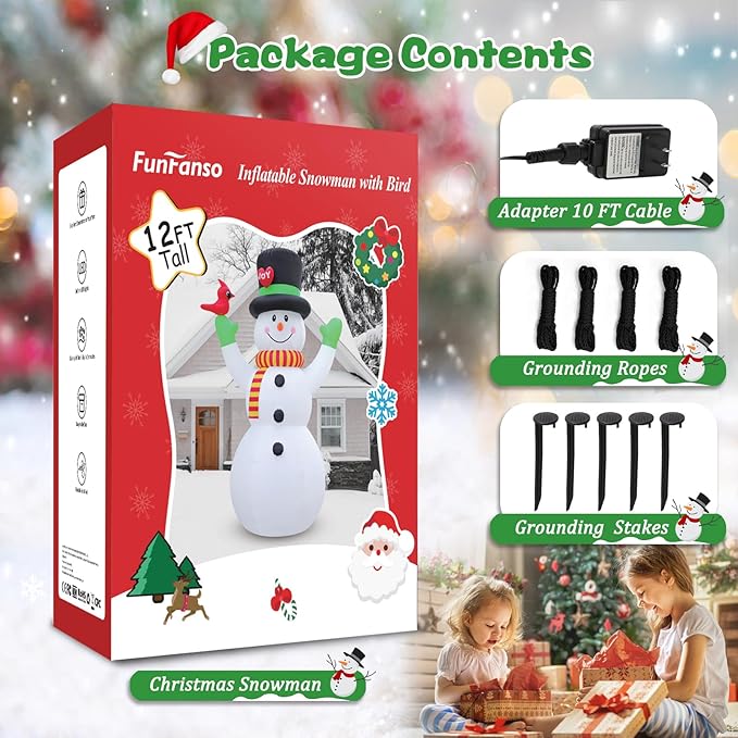 FunFanso 12 FT Christmas Inflatable Snowman with Bird, Blow Up Outdoor Decorations Built-in Bright LED Light, Giant Blow Up Snow Man Wear Magic Hat Holiday Yard Garden Patio Mall Display Hall Decor