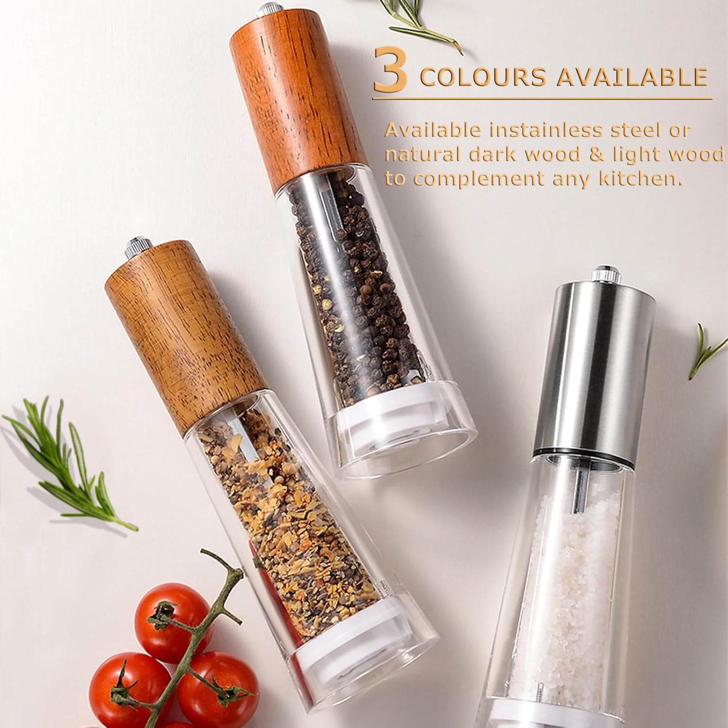Salt and Pepper Grinder Set, Acrylic Pepper Mill with Adjustable Coarseness Wooden Pepper Grinder, Manual Salt Shake Refillable for Kitchen, Pack of 2 (Dark Wood)