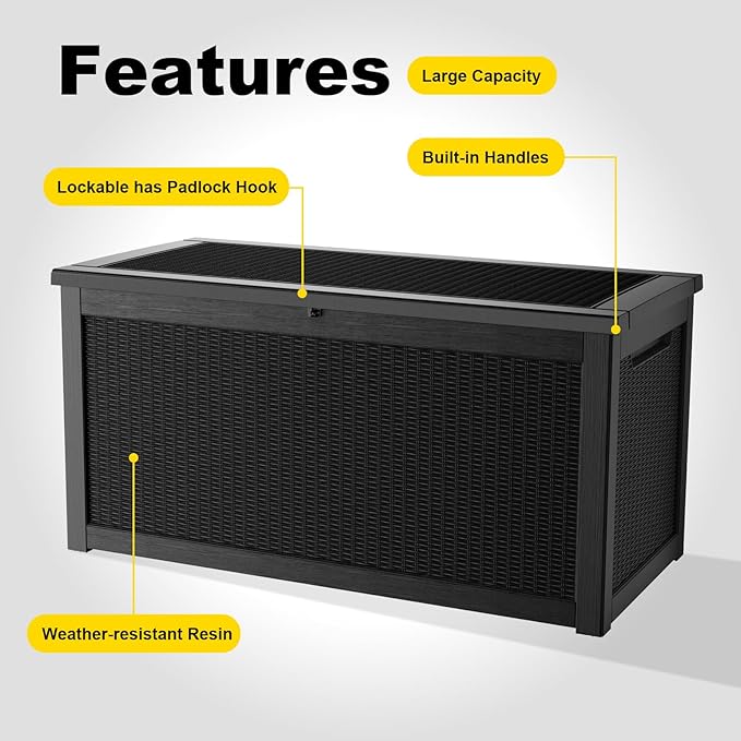 DRATO 320 Gallon Deck Box, Outdoor Large Waterproof Resin Storage Box with Lockable Lid for Patio Cushions, Gardening Tools (Black,320 Gallon)