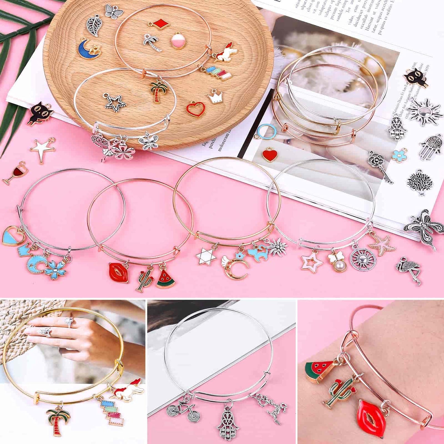 Thrilez 300Pcs Charm Bangle Bracelets Making Kit with Expandable Bangles, Charms, Jump Rings and Pliers for Jewelry Making Bangle Bracelets (with Gift Box and Tools)