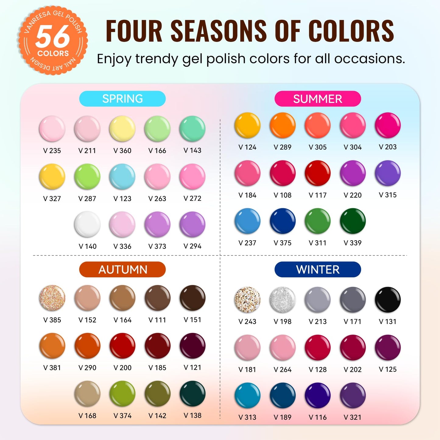 VANREESA Gel Nail Polish Kit with U V Light 74 Pcs Gel Polish Nail Set 56 All Seasons Colors Nail Polish Set + Base and 4 Effects Top Coat with Manicure Tools Complete Nail Kit Gifts for Women