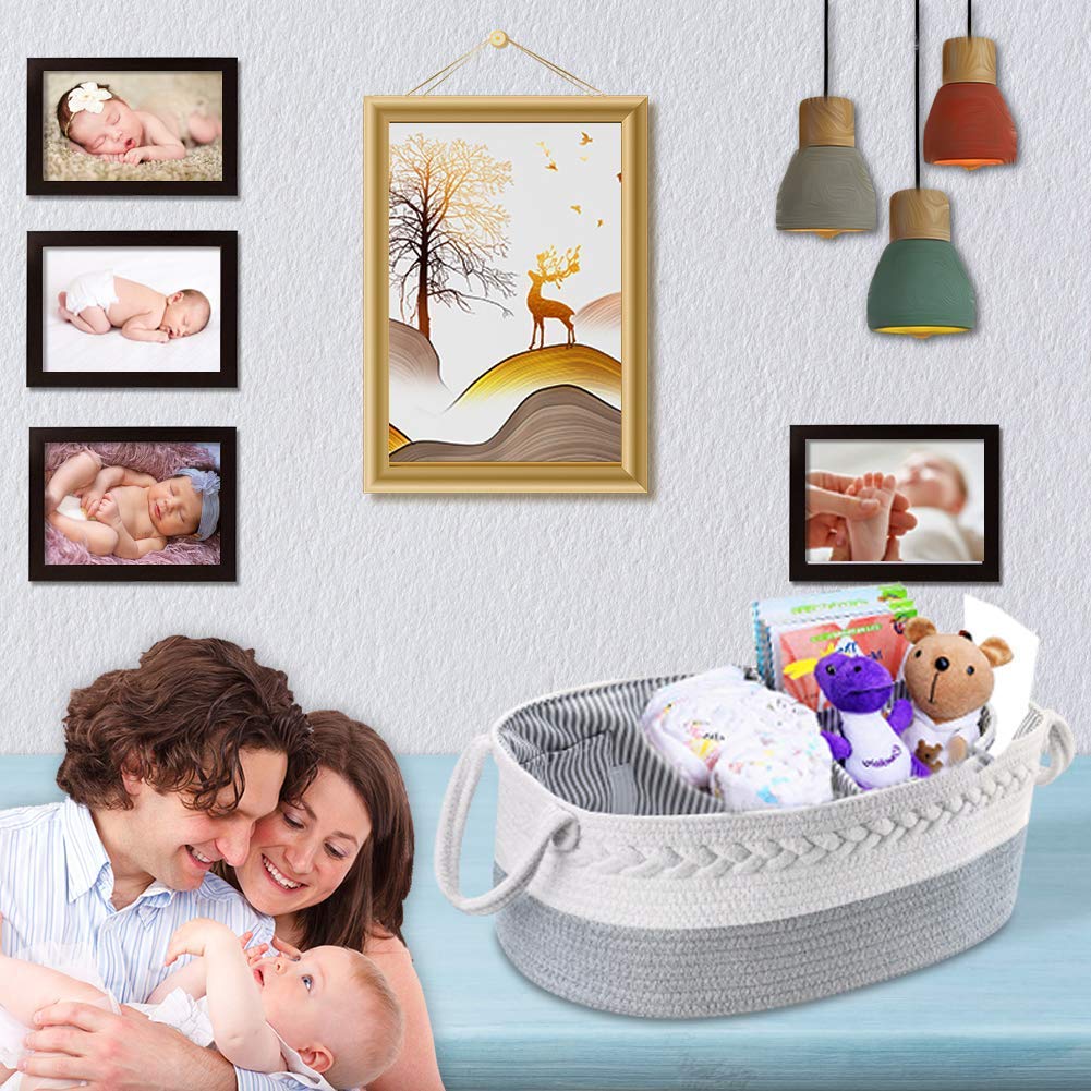 Lzellah Baby Diaper Caddy Organizer - Extra Large Nappy Caddy Rope Nursery Storage Bin - Baby Basket with 8 Pockets, 5 Compartments and 2 Removable Dividers