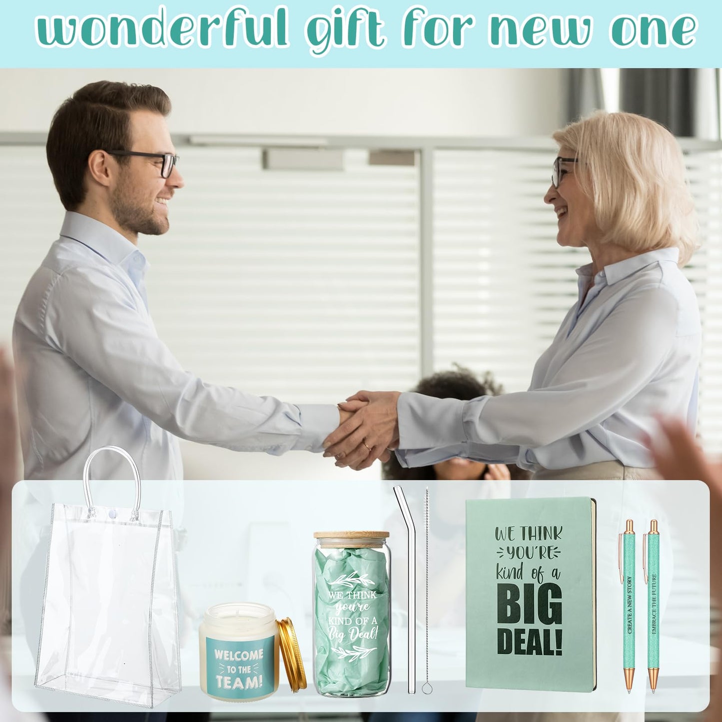 Thenshop 6 Pcs Welcome to the Team Gifts Bulk for New Employee Inspirational Glass Tumbler Notebook Pens Scented Candle with PVC Bag Employee Appreciation Gift Set for New Coworker Office (Sage Green)
