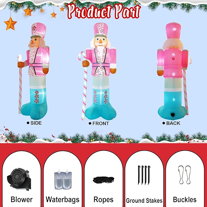 10FT Christmas Inflatables Pink Nutcracker Hold Candy Cane, Christmas Blow up Yard Decoration Inflatable Nutcracker Built-in 6 LED for Xmas Decorations Outdoor Indoor Xmas Gifts