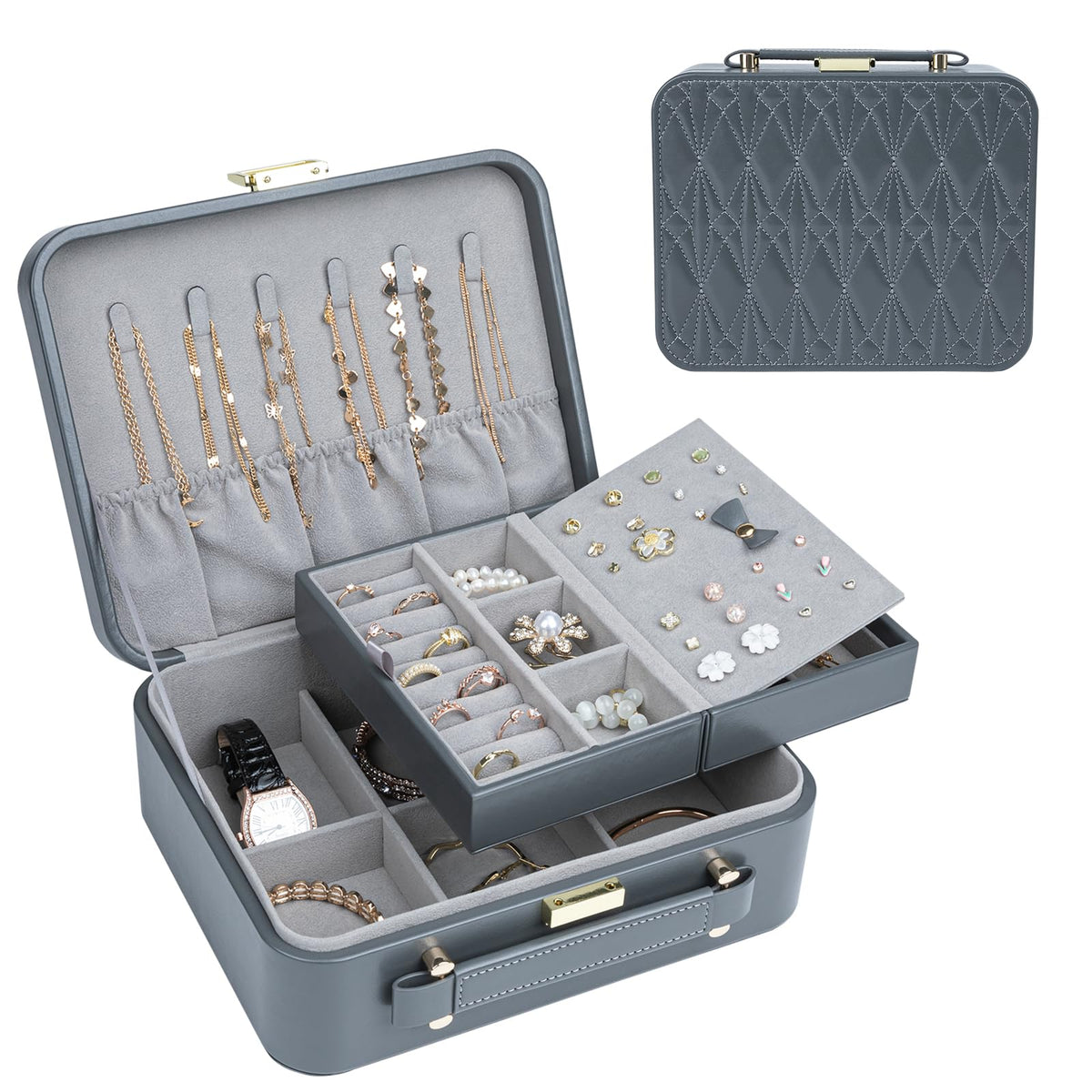 V-LAFUYLIFE Travel Jewelry Case Large Jewelry Box Jewelry Travel Organizer Jewelry Case with Handle Removable Tray Best Gift for Women Girls (Grey)