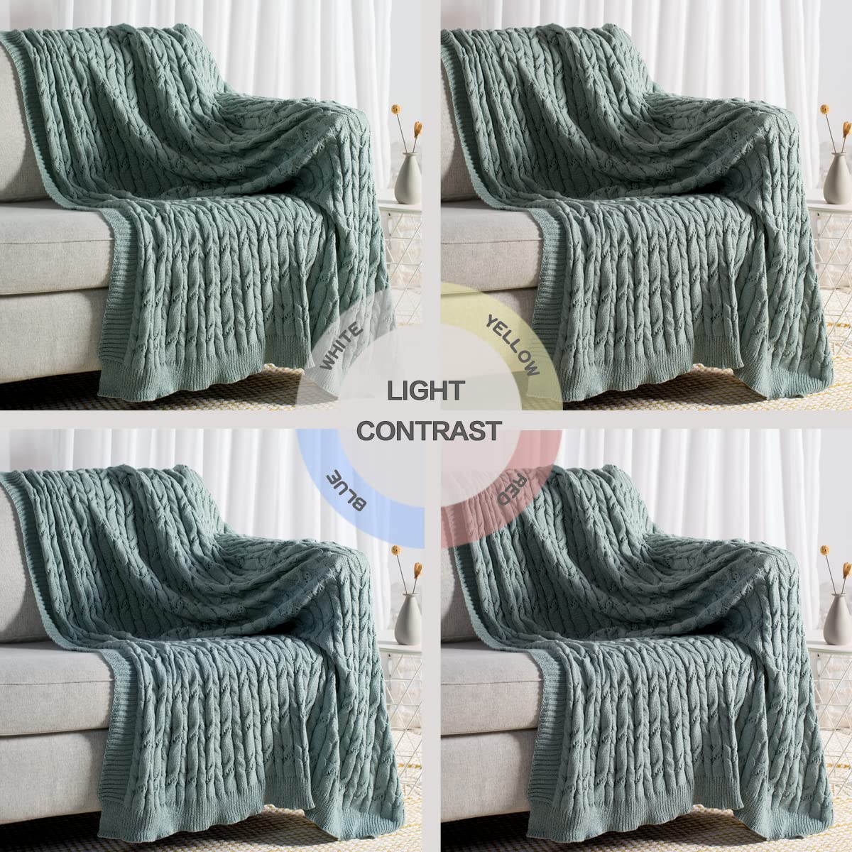 Carriediosa Chunky Knit Throw Blanket & Cable Knit Throw Blanket, 50" X 60" Sage Green