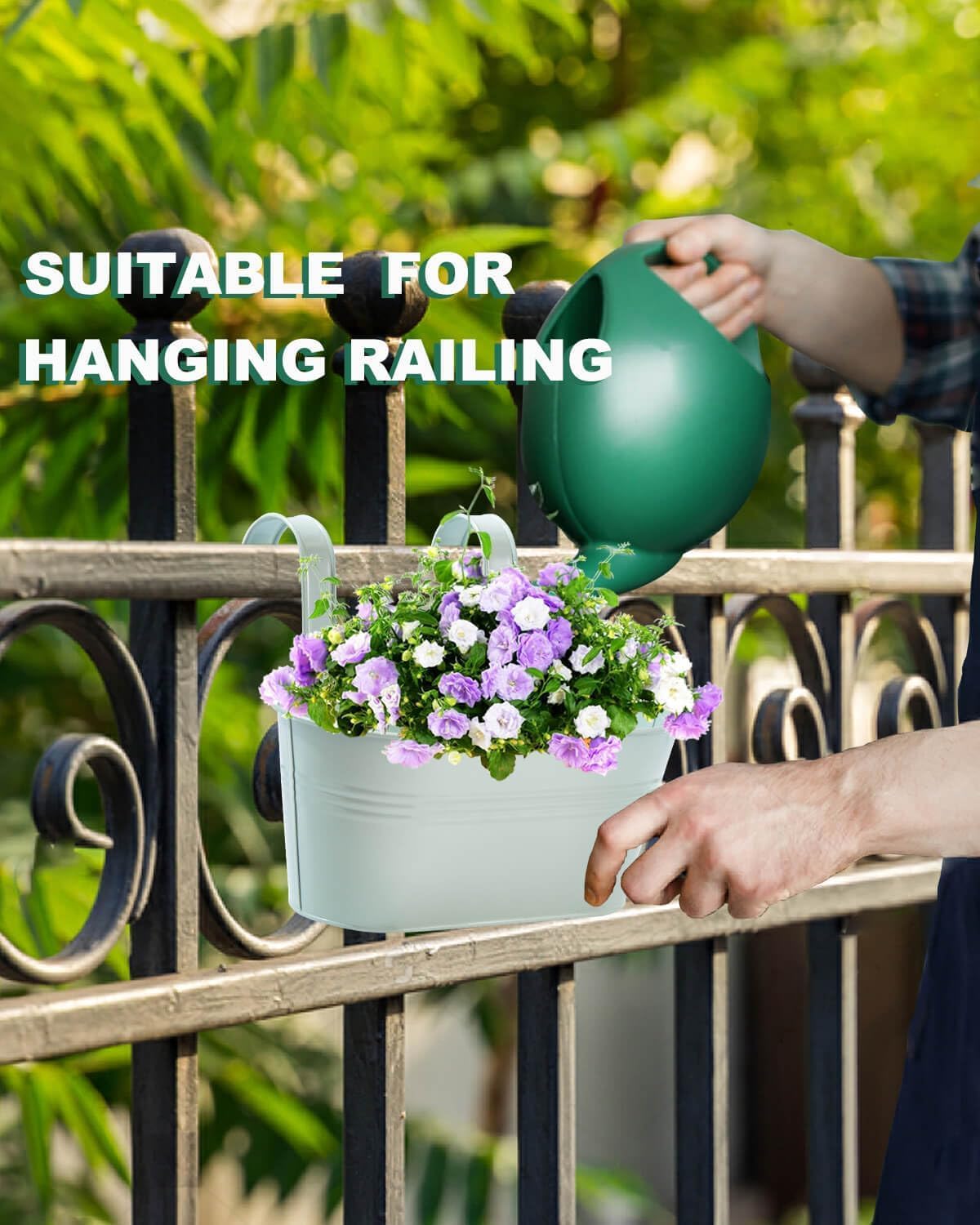 vensovo Metal Railing Planter for Outdoor Plants - 3 Pack Balcony Hanging Planter Box with Detachable Hooks and Drain Holes Oval Hanging Pots Fence Planters for Railing Garden Fence, Green