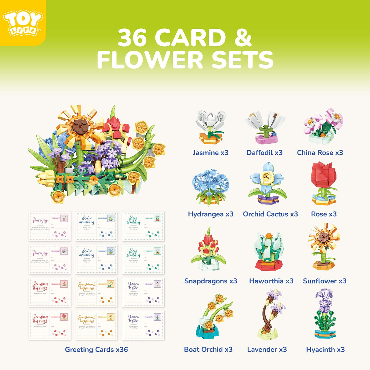 TOY Life 36 Pack Party Favors for Kids, Tiny Plants Mini Flowers Building Blocks Set for Classroom Prize, Flowers Botanical Succulents Building Toy with Cards, Birthday Gift for Boys Girls 6+