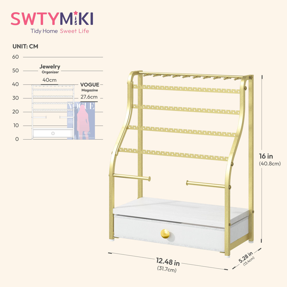 SWTYMIKI Earring Holder Organizer - Jewelry Organizer Stand with Necklace Hooks, Watch Rods, Nonwoven Drawer, Large Capacity Jewelry Display for Stud Earring Bracelet Necklace Ring, Gold