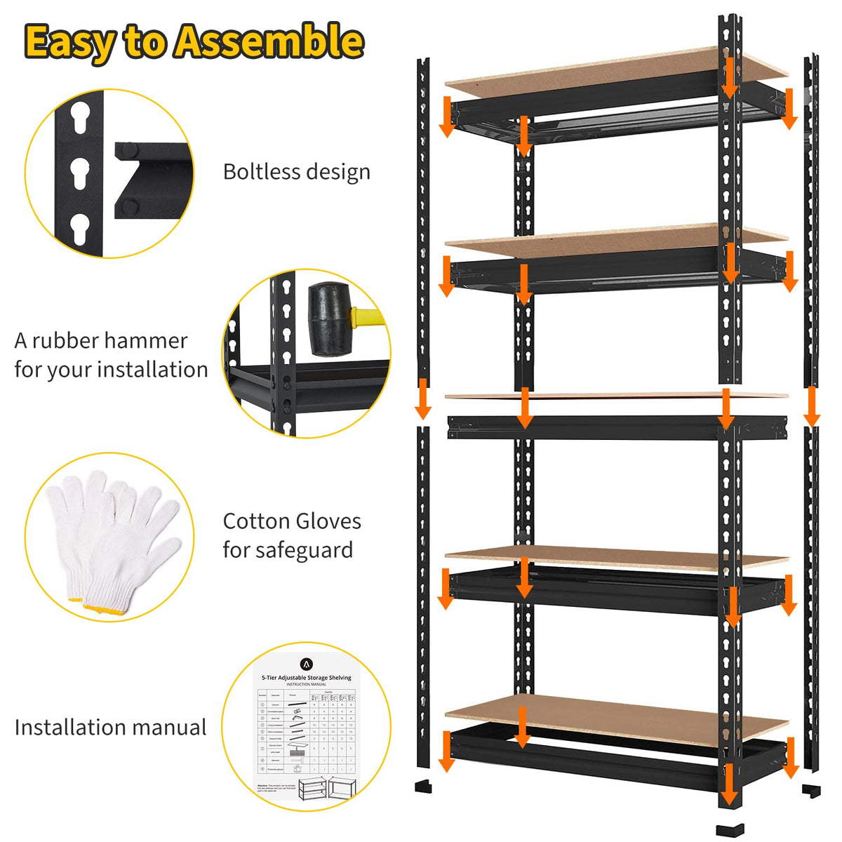Garvee 5-Tier Heavy Duty Storage Shelves with 2000 LBS Capacity, Adjustable Metal Shelving Rack for Garage, Kitchen, Pantry, Basement, Bathroom, Laundry Room Organization, 48" D x 24" W x 71" H