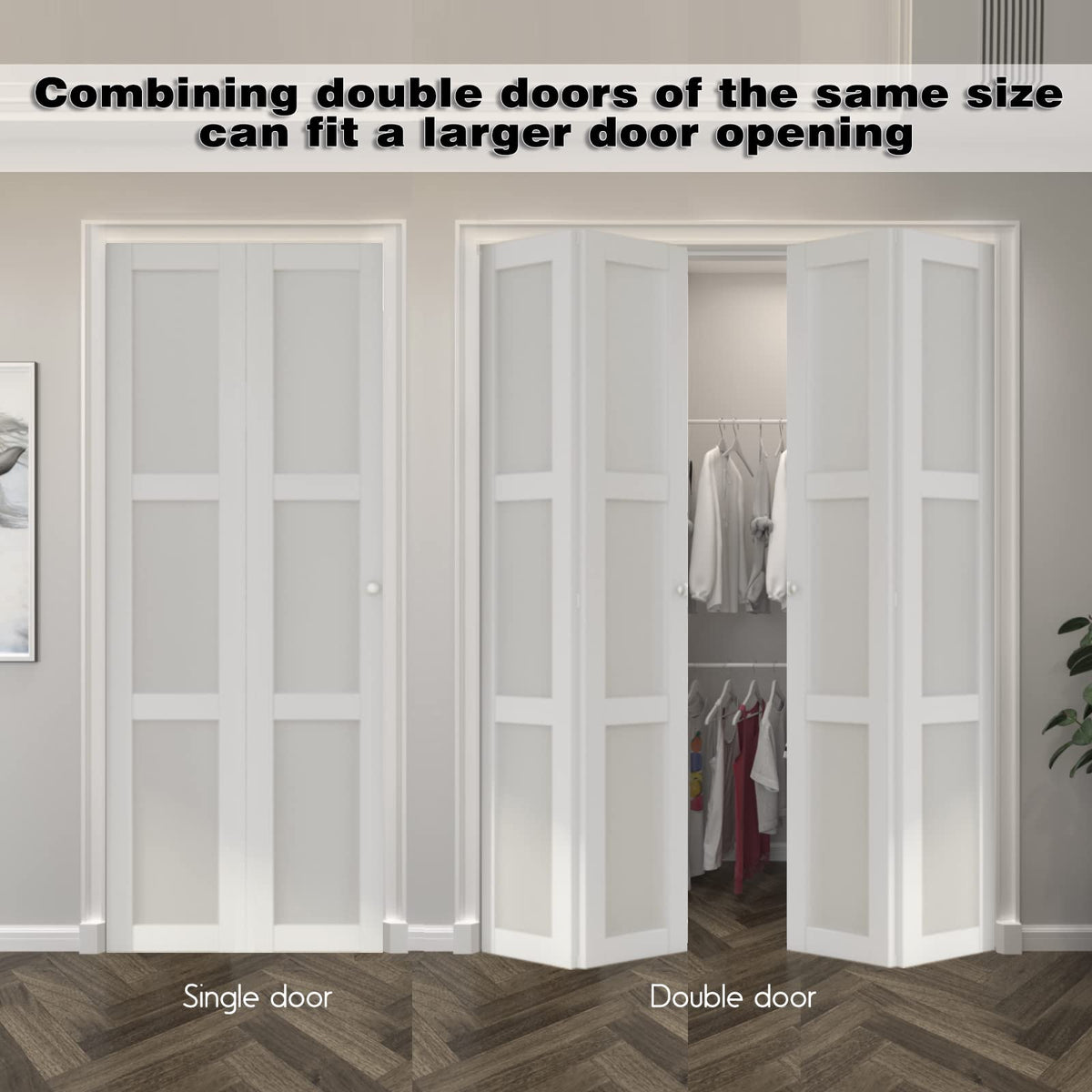 ARKHJEM Bi-Fold Door,3 Panel Frosted Glass Closet Door,for 48"×80"(Double 24"*80" Doors) Door Opening,Suitable for Closets & Interiors,DMF,White